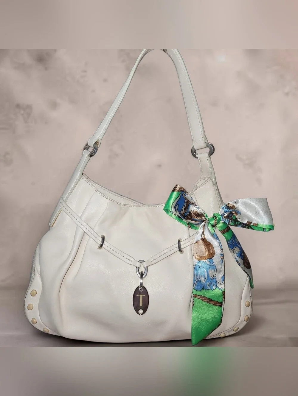 Tod's Cream Leather Hobo with Decorative Green-Blue Scarf Preloved